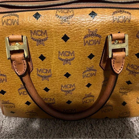 MCM Cognac Visetos Coated Canvas Heritage Boston Bag.